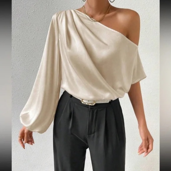 Classic Solid One Shoulder Ruched Blouse - Picture 2 of 12